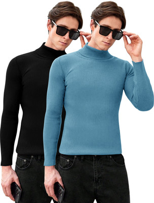 SCOWET Solid High Neck Casual Men Black Sweater