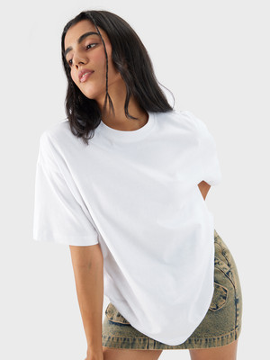 The Souled Store Solid Women Round Neck White T-Shirt
