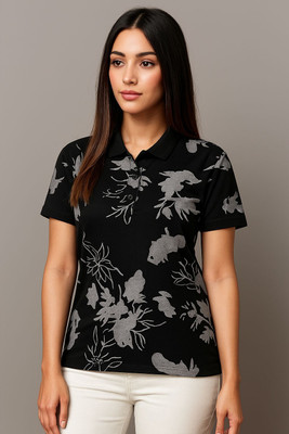 Lionlook Floral Print Women Polo Neck Black T-Shirt