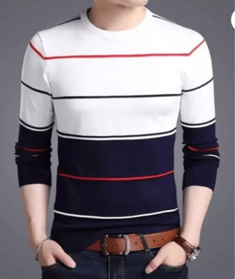 ATTITUDE START OF FASHION Striped Men Round Neck White, Blue T-Shirt