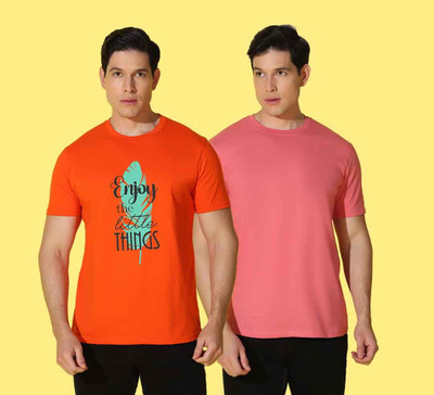 WOOSTRO Printed, Solid Men Round Neck Orange, Pink T-Shirt
