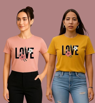 Moldify Printed Women Round Neck Pink, Yellow T-Shirt