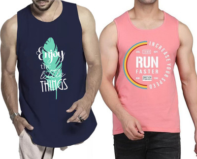 WOOSTRO Printed Men Round Neck Navy Blue, Pink T-Shirt