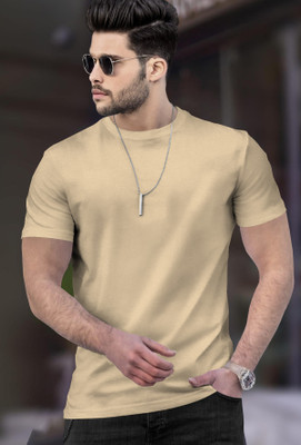 TRIPR Solid Men Round Neck Beige T-Shirt