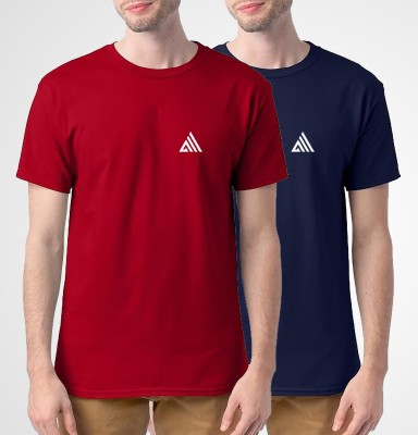 Tryner Solid Men Round Neck Red, Navy Blue T-Shirt