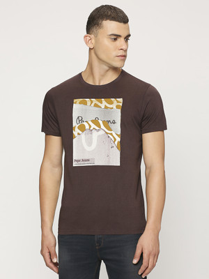 Pepe Jeans Printed, Typography Men Round Neck Brown T-Shirt