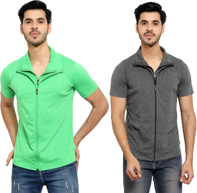 Jangoboy Solid Men Polo Neck Green, Grey T-Shirt