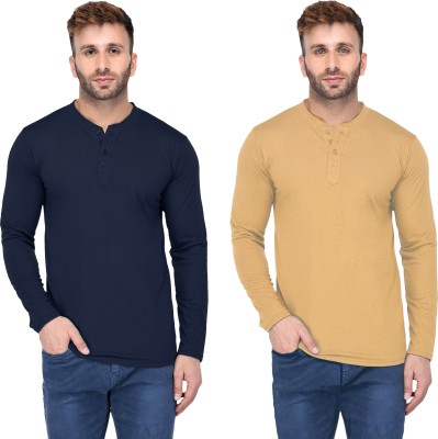 GAGCOBIA Solid Men Henley Neck Blue, Yellow T-Shirt