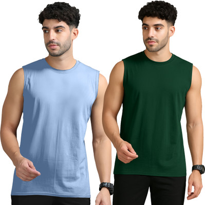Adorbs Solid Men Round Neck Blue, Dark Green T-Shirt