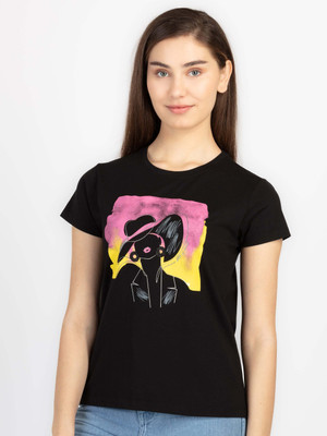 Status Quo Printed Women Round Neck Black T-Shirt