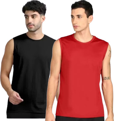 RLP Solid Men Round Neck Black, Red T-Shirt