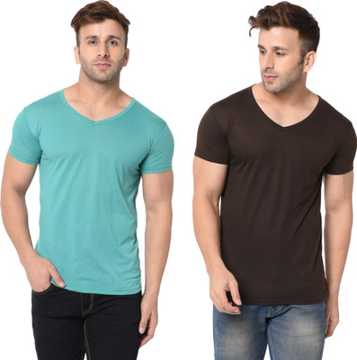 Tresna Trending Solid Men V Neck Brown, Light Green T-Shirt