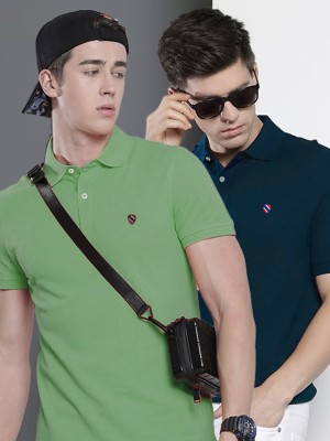 Merriment Solid Men Polo Neck Light Green, Dark Green T-Shirt