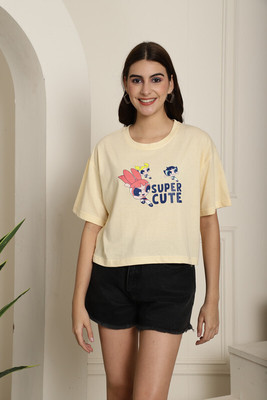 THE POWER PUFF GIRLS by DreamBe Printed Women Round Neck Yellow T-Shirt