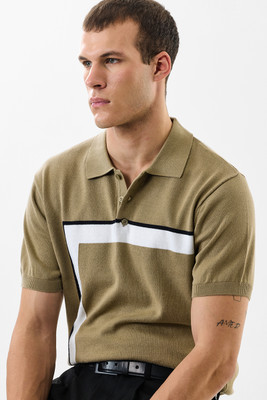 Snitch Striped Men Polo Neck Beige T-Shirt