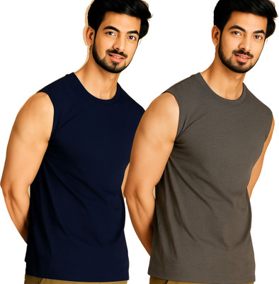 Adorbs Solid Men Round Neck Dark Blue, Grey T-Shirt