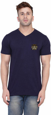 Blisstone Solid Men V Neck Dark Blue T-Shirt