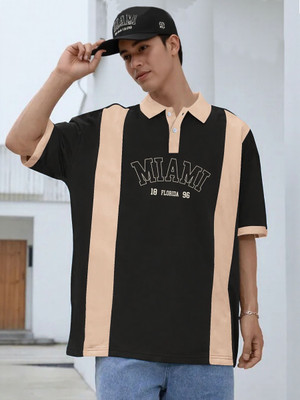 Jump Cuts Printed Men Polo Neck Black, Beige T-Shirt