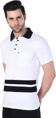 WILDIUM Striped Men Polo Neck White, Black T-Shirt