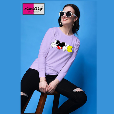 SWIFTLY Printed Women Round Neck Purple T-Shirt