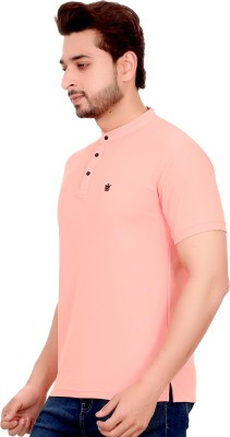 RosyRains Solid Men Mandarin Collar Pink T-Shirt