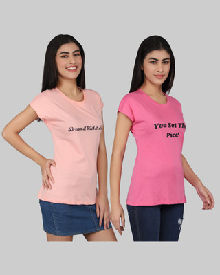 RiverHill Printed Women Round Neck Pink, Beige T-Shirt