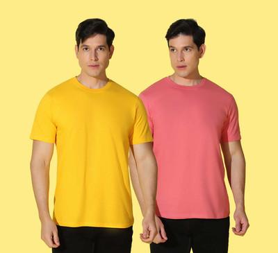 WOOSTRO Solid Men Round Neck Pink, Yellow T-Shirt