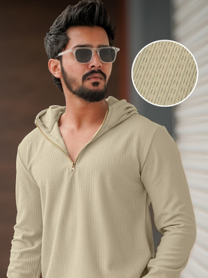 Jump Cuts Self Design Men Hooded Neck Beige T-Shirt
