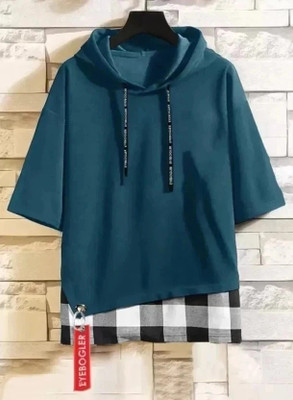 Vuzzan Checkered Men Hooded Neck Blue T-Shirt