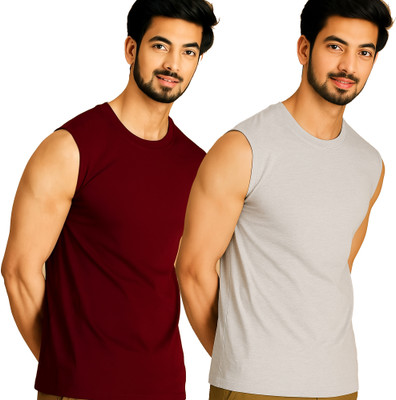 Adorbs Solid Men Round Neck Maroon, Grey T-Shirt