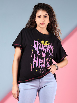 V-MART Printed Women Round Neck Black T-Shirt