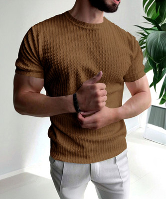 EyeBogler Self Design Men Round Neck Brown T-Shirt