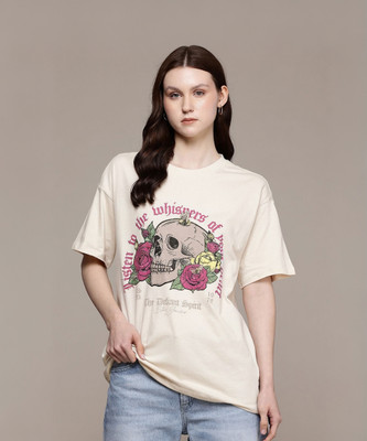 Roadster Printed Women Round Neck Beige T-Shirt