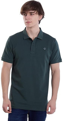 24esque Solid, Printed Men Polo Neck Green T-Shirt