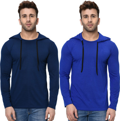 Adorbs Trend Solid Men Hooded Neck Blue T-Shirt