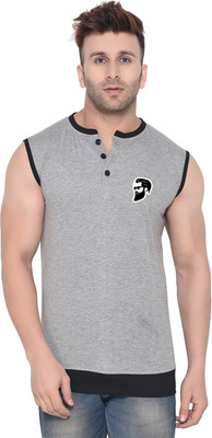 GEUM Solid Men Henley Neck Silver T-Shirt