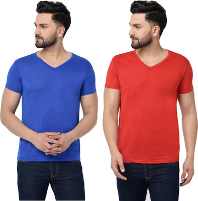 Tresna Trending Solid Men V Neck Red, Blue T-Shirt