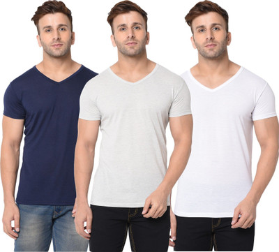 JB Jagoboy Solid Men V Neck Dark Blue, White, Grey T-Shirt