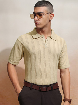 HIGHLANDER Striped Men Polo Neck Beige T-Shirt