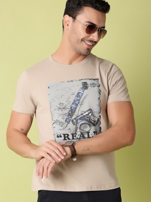 V-MART Printed Men Round Neck Beige T-Shirt