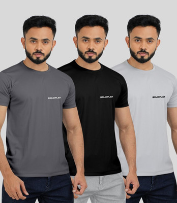INDICLUB Self Design Men Round Neck Grey, Black, Silver T-Shirt
