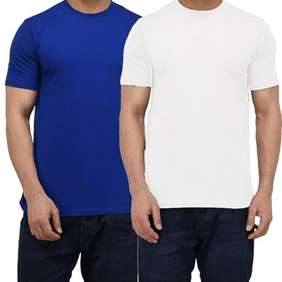 lalita creation Solid Men Round Neck Blue, White T-Shirt