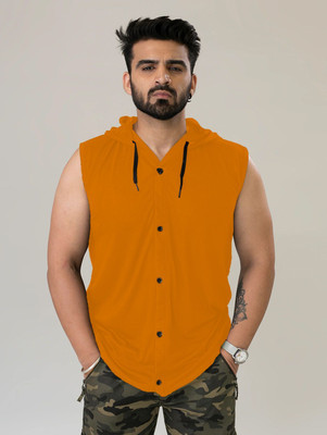 GEUM Solid Men Hooded Neck Yellow T-Shirt
