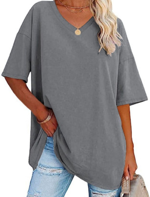 THE BLAZZE Solid Women Round Neck Silver T-Shirt