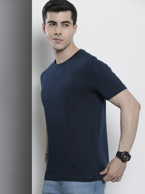OrrganicChics Solid Men Round Neck Navy Blue T-Shirt