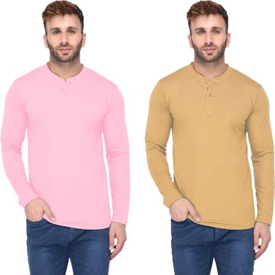 Jangoboy Solid Men Henley Neck Pink, Beige T-Shirt