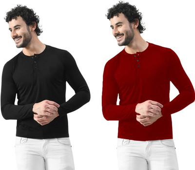 GEUM Solid Men Henley Neck Black, Maroon T-Shirt