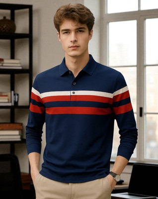 Autna Striped Men Polo Neck Navy Blue T-Shirt