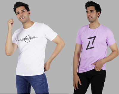 Arfila Self Design Men Round Neck White, Purple T-Shirt