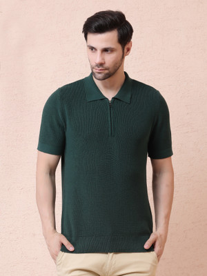 NOQUO Self Design Men Zip Neck Dark Green T-Shirt